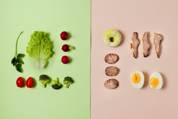 Top view vegetable and meat arrangement 