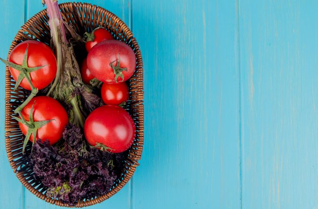 Top view of vegetables as basil and tomato in basket on left side and blue with copy space