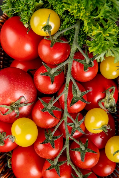 コリアンダーとしての野菜と表面としてのトマトのトップビュー