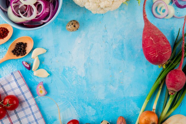 Top view of vegetables as onion garlic radish and others with spices and egg on blue background with copy space