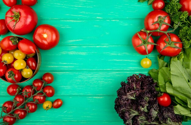 Top view of vegetables as tomato basil spinach on green surface with copy space