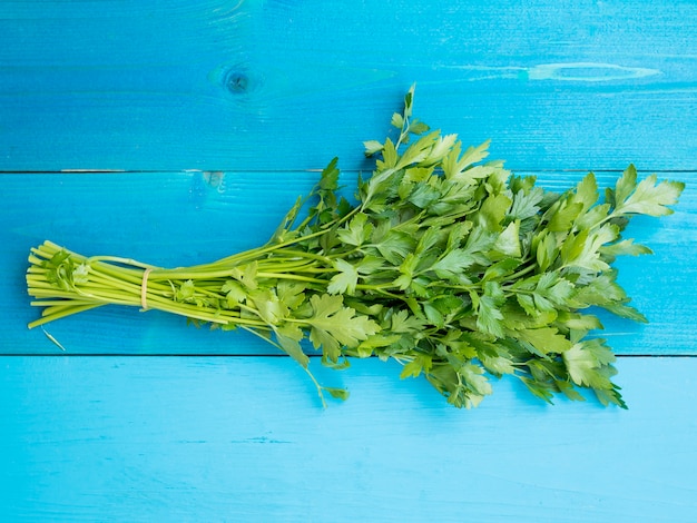 Top view vegetables on blue background