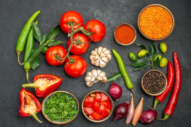 Top view vegetables colorful spices vegetables and lentil