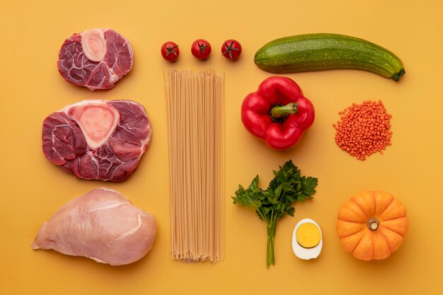 Top view vegetables, spaghetti and meat