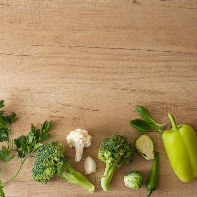 Top view vegetables on table with copy space