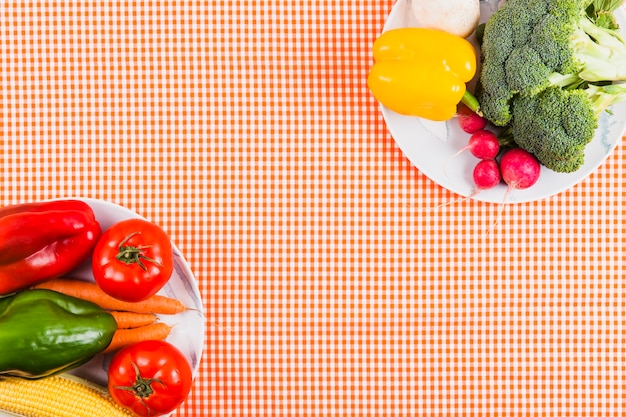 Top view of vegetables on two plates