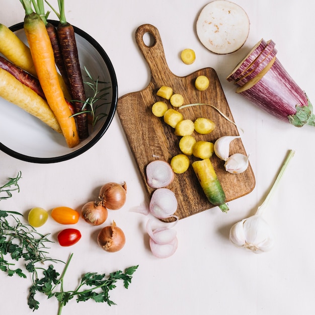 Top view of vegetables on white background