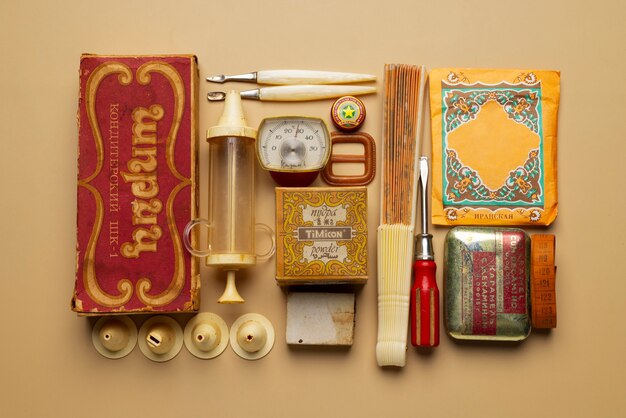 Top view vintage objects still life