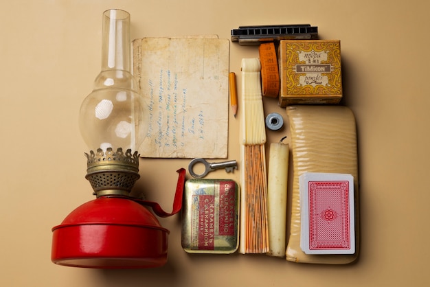 Free photo top view vintage objects still life