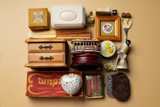 Top view vintage objects still life