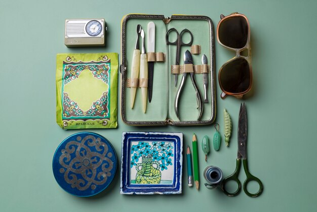 Top view vintage objects still life