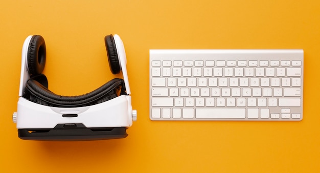 Top view virtual reality headset and keyboard