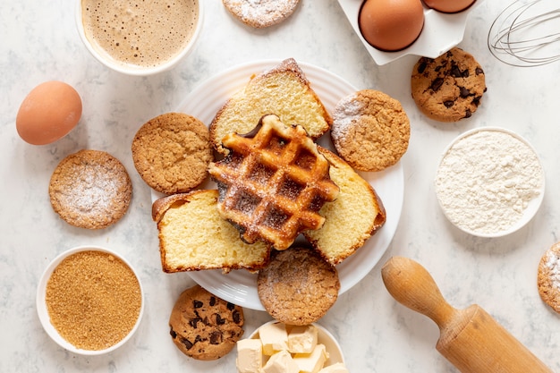 Top view waffles and cookies