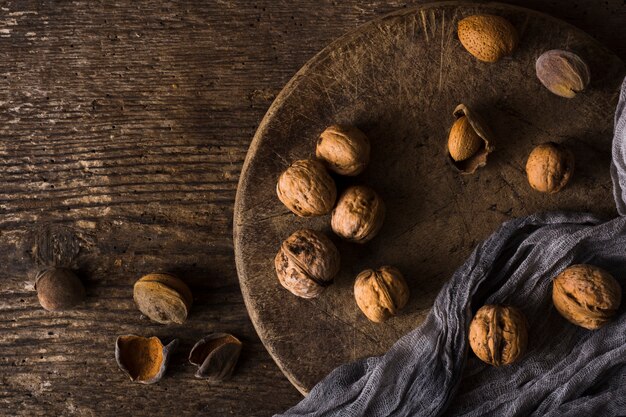 Top view walnuts on the table