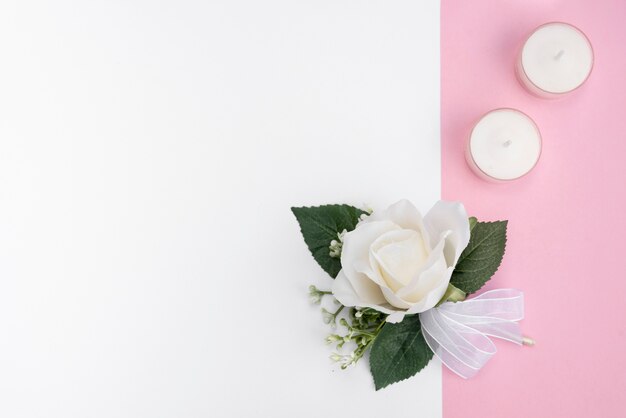 Top view wedding decoration with white rose