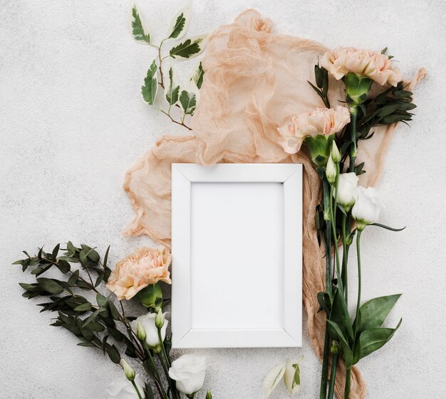 Top view wedding flowers with frame concept