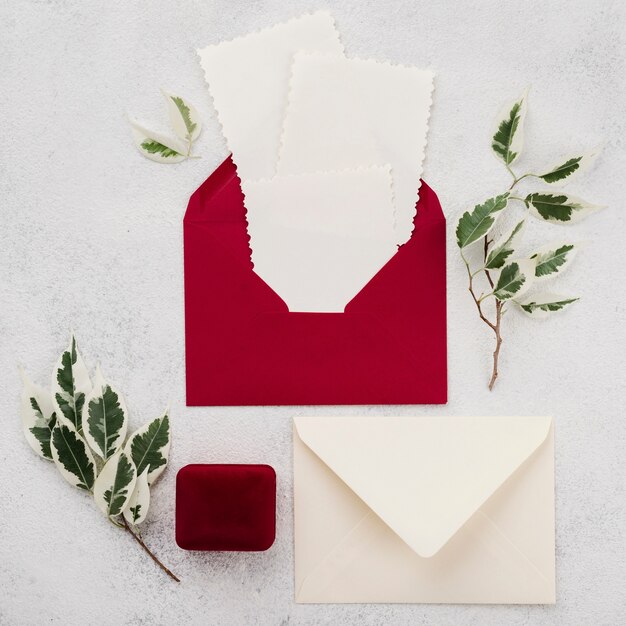 Top view wedding invitation envelopes on the table