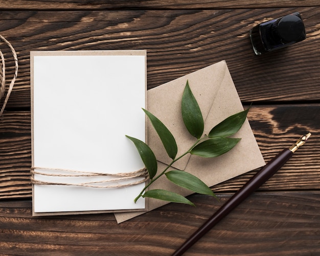 Top view wedding invitation on table