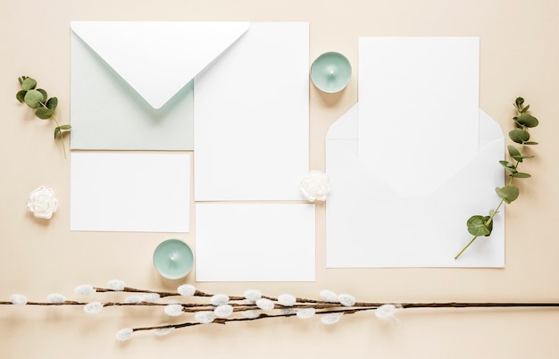 Top view wedding invitation on table