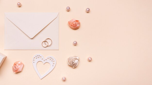 Top view wedding invitation on the table