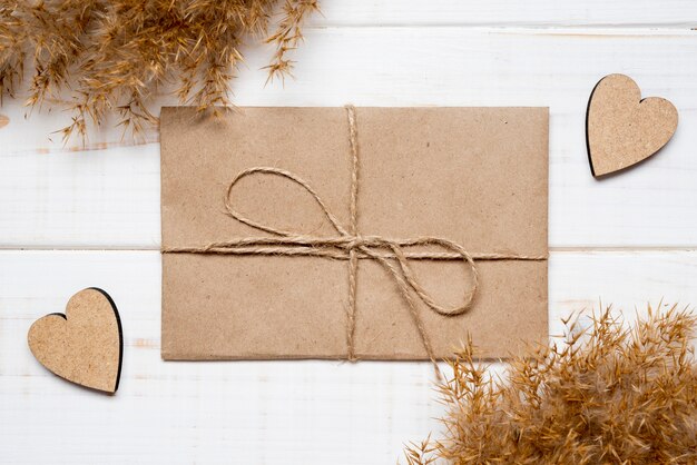 Top view wedding invitation on the table