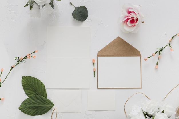 Top view of wedding invitation with copy space