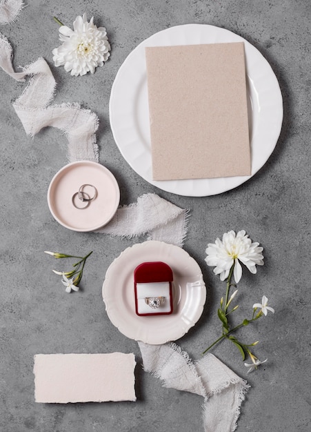 Top view wedding rings and plate