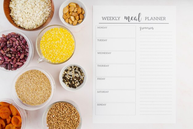 Top view of weekly meal planner