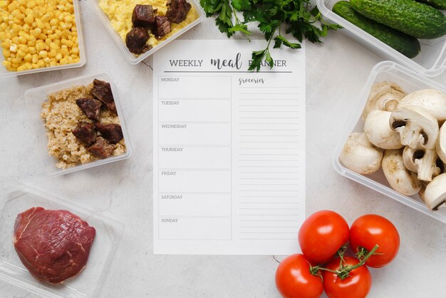 Top view of weekly meal planner