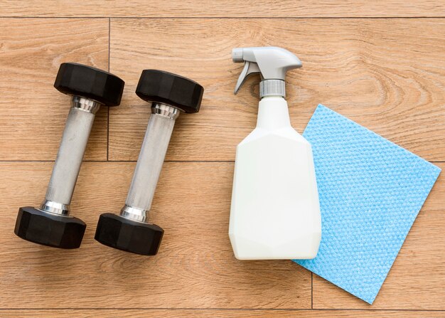 Top view of weights with cleaning solution