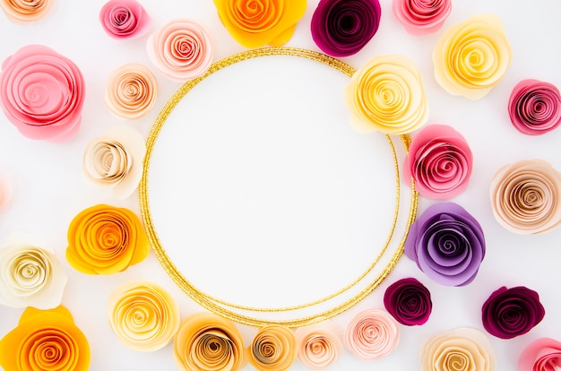 Top view white background with round paper flowers frame