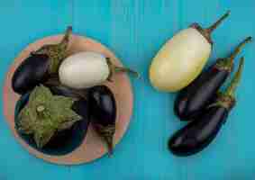 Free photo top view white and black eggplants on a stand  on a turquoise background