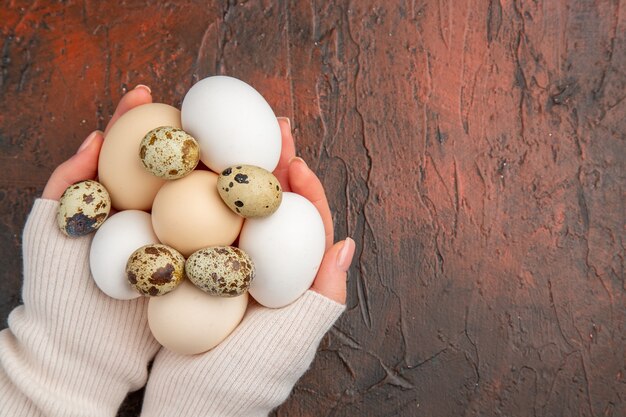 Top view white chicken eggs in female hands on dark table