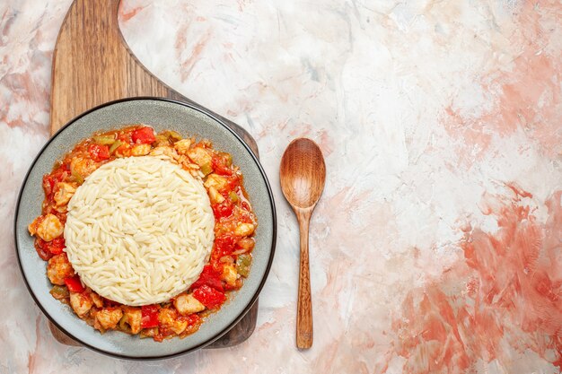 Top view of white plain rice meal with chicken