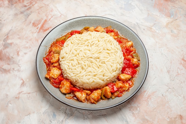 Top view of white plain rice meal with chicken