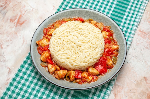 Top view of white plain rice meal with chicken