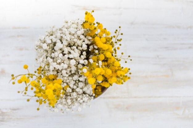 흰색과 노란색 꽃의 상위 뷰