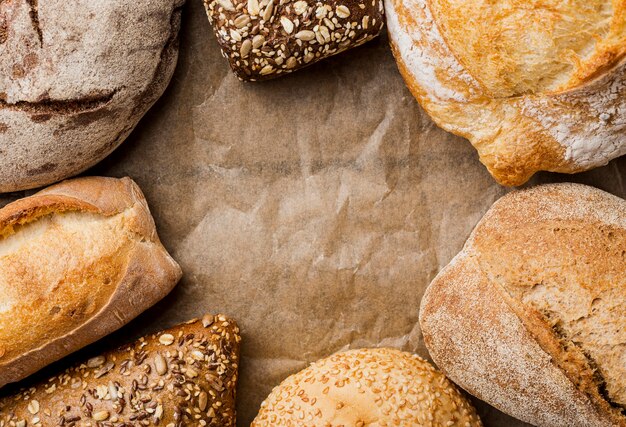 Top view whole seeds bread and round bread