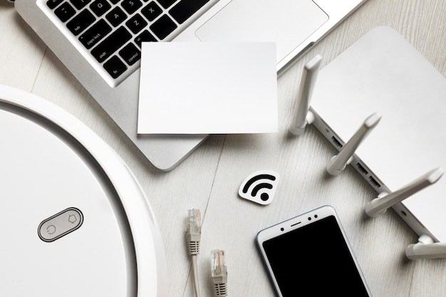 Top view of wi-fi router with wireless controlled devices