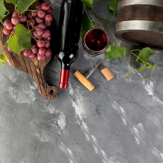 Top view wine bottle on marble background