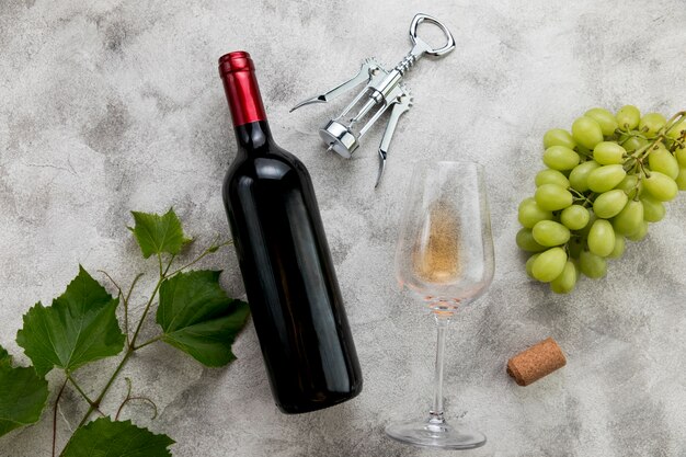 Top view wine bottle on marble background