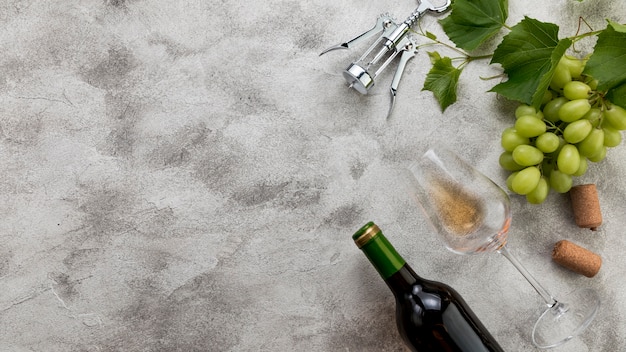 Top view wine bottle on marble background