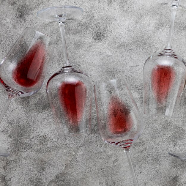 Top view wine glasses on marble background