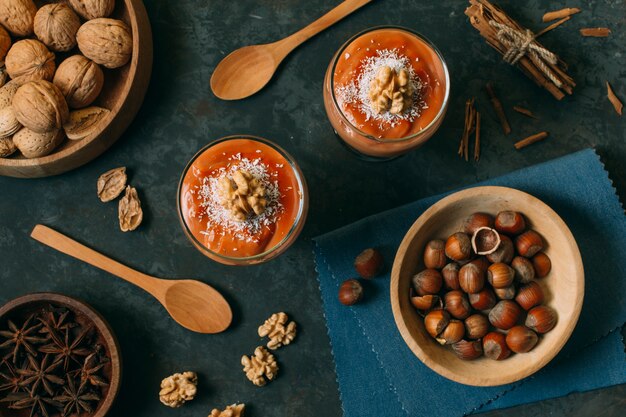 top view winter dessert with acorns