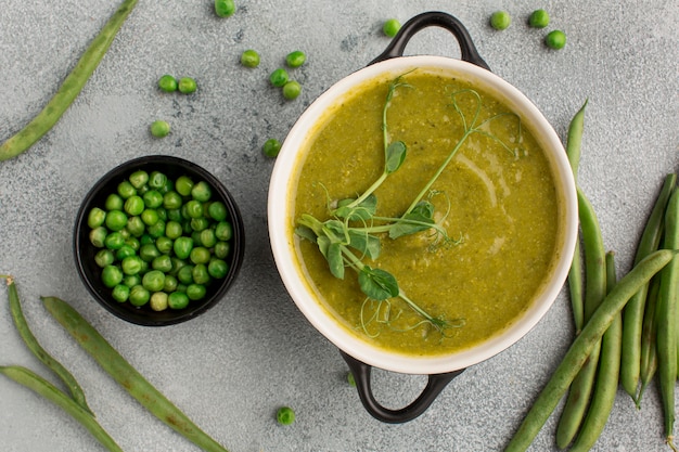 Top view of winter peas soup in bowl