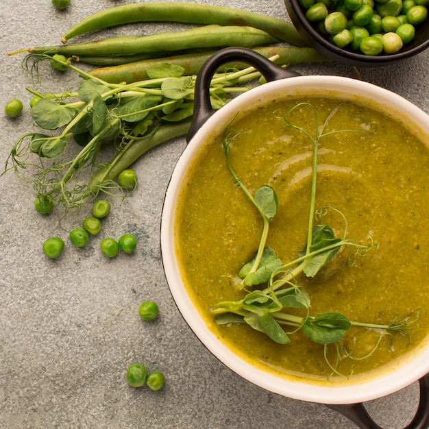 Top view of winter peas soup