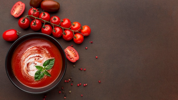 Top view of winter tomato soup with copy space