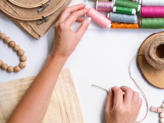 Top view of woman crafting decorations