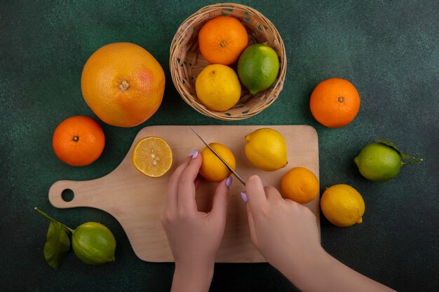 Top view  woman cuts lemons on cutting board with limes  oranges and grapefruit on green background