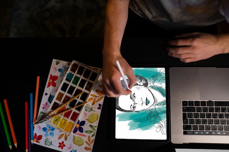 무료 Photo ipad에 그리기 상위 뷰 여자